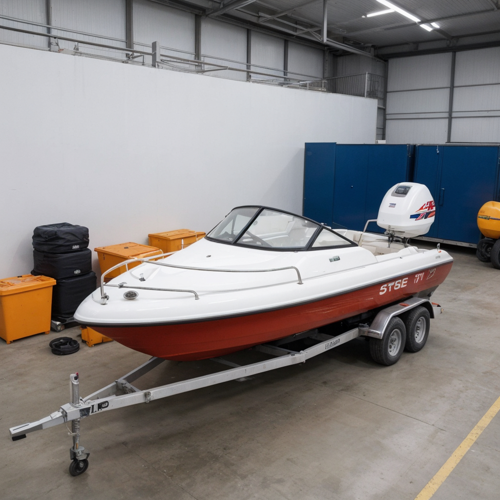 Speedboot op een aanhanger geparkeerd in een opslagloods.