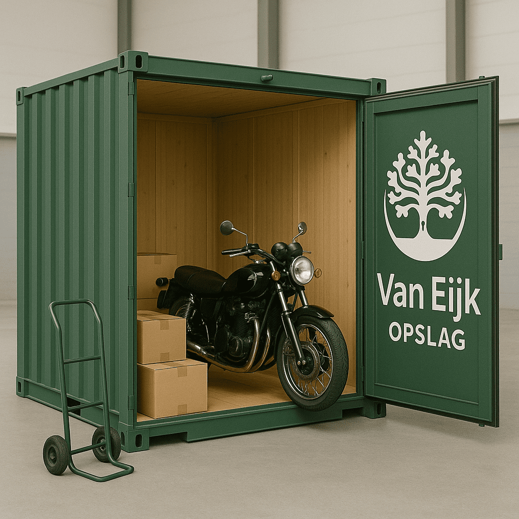 Een 20ft opslagcontainer van Van Eijk Opslag gevuld met kartonnen dozen en een motor, klaar voor veilige en flexibele opslag