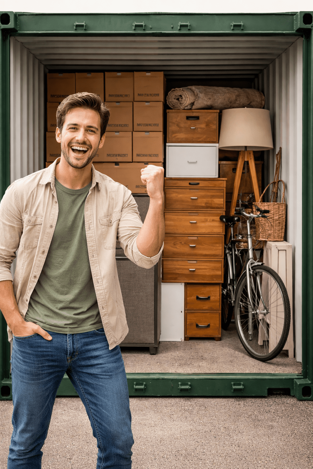 Slim stapelen van verhuisdozen en meubels in een opslagcontainer